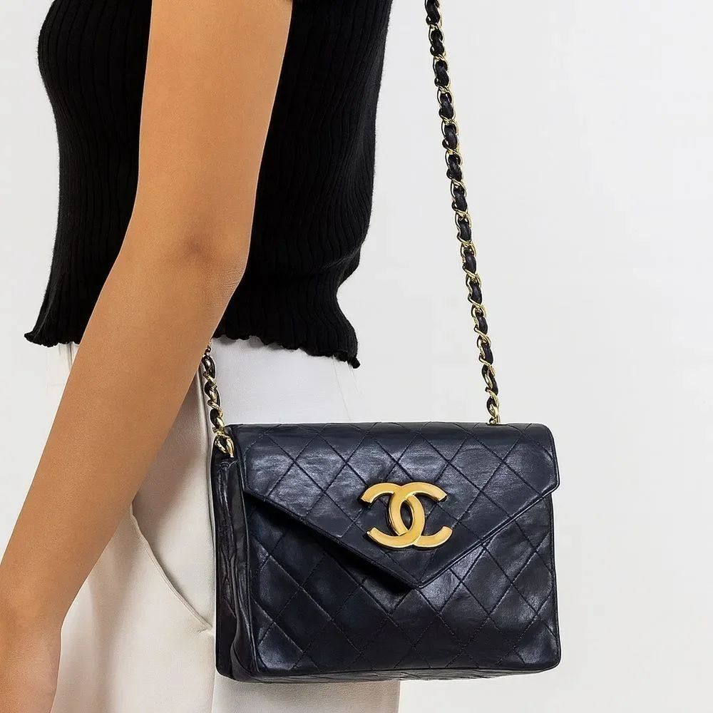 CHANEL Black Quilted 24K CC Logo Hardware Leather Shoulder Bag